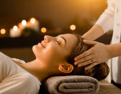 A woman receiving a head spa in a candlelit spa