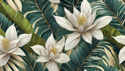 Tropical exotic seamless pattern with white flowers in tropical leaves. Hand-drawn 3D illustration....