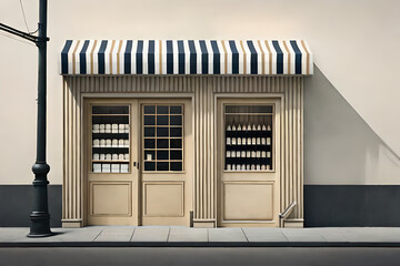cute vintage european  village storefront facade , tiny boutique vitrine and striped awning