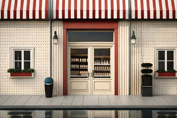 cute vintage european  village storefront facade , tiny boutique vitrine and striped awning - obrazy, fototapety, plakaty