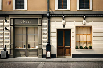 cute vintage european  village storefront facade , tiny boutique vitrine