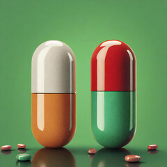 Two pills standing on green background. 3D illustration