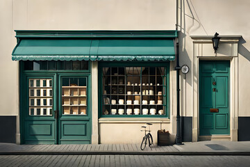 retro european boutique facade , blue painted door , vintage storefront - obrazy, fototapety, plakaty