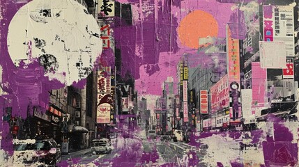 Generative AI, vintage grunge purple collage poster with asian cityscape. Different textures and shapes