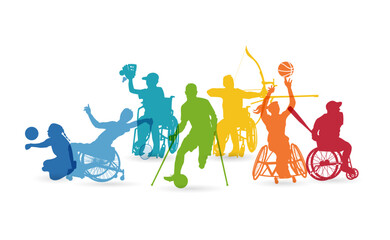 Sporters with Disabilities United. Colorful Silhouettes of Various Sport Athletes with Disabilities. - obrazy, fototapety, plakaty