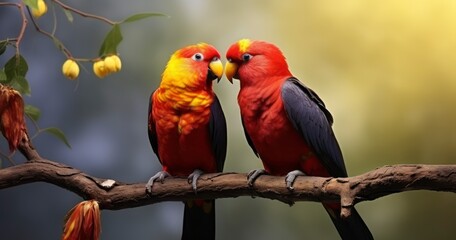 Obraz premium The Idyllic Scene of Two Parrots Together on a Branch
