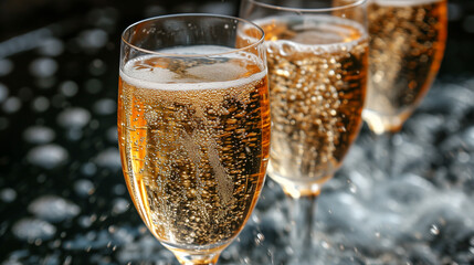Three Champagne Glasses Filled With Sparkling Liquid