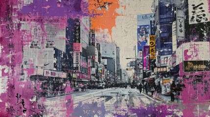 Generative AI, vintage grunge purple collage poster with asian cityscape. Different textures and shapes - obrazy, fototapety, plakaty