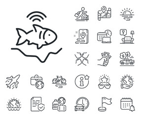 Echo fish sounder sign. Plane jet, travel map and baggage claim outline icons. Fishfinder line icon. Fishing sonar symbol. Fishfinder line sign. Car rental, taxi transport icon. Place location. Vector