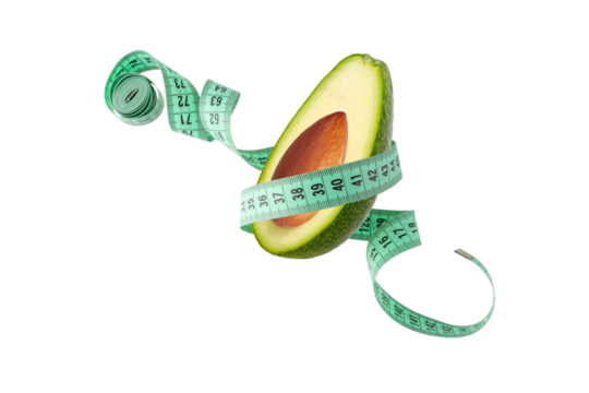 Green avocado and measuring tape flying isolated on white background. Symbol of healthy dieting and control body weight.