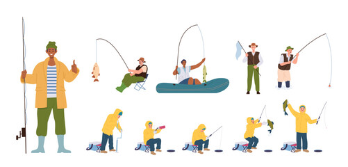 Fisherman cartoon characters set enjoying seasonal hobby activity, summer and winter fishing - obrazy, fototapety, plakaty