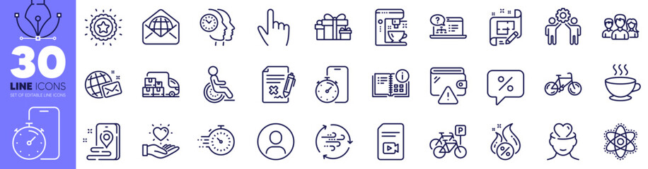 Discount message, Bicycle parking and Reject file line icons pack. Hold heart, Disability, Chemistry atom web icon. Online help, Hot loan, Wind energy pictogram. Timer app. Vector