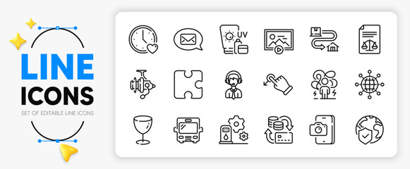 Phone photo, Messenger and Sunscreen line icons set for app include Glass, Bus, International globe outline thin icon. Filling station, Drag drop, Dating pictogram icon. Money change. Vector