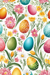 Easter watercolor spring background. Top view composition. Easter card. Paper sheet with paintbrush, eggs and spring flowers on the white background. Generative Ai