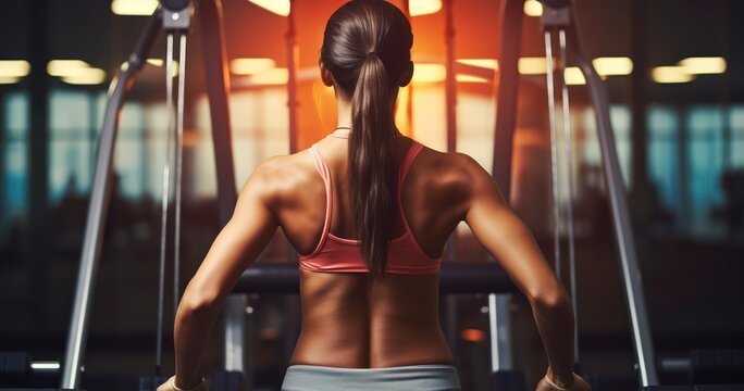 A Back View of a Girl Exercising Her Back Muscles on a Gym Machine