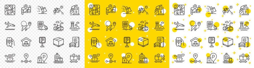 Outline Map, Delivery cart and Storage line icons pack for web with Delivery box, Honeymoon cruise, Metro map line icon. Lighthouse, Handbag size, Bike rental pictogram icon. Vector