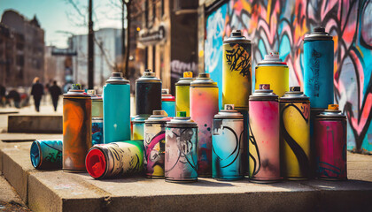 Urban still life with street art. Graffiti colors, urban details. Arrangement of street art prints...