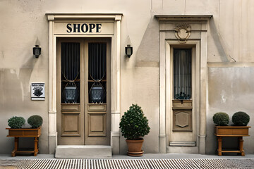 old european shop facade , beige stucco wall