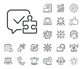 Jigsaw piece with chat bubble sign. Place location, technology and smart speaker outline icons. Puzzle line icon. Business challenge symbol. Puzzle line sign. Influencer, brand ambassador icon. Vector