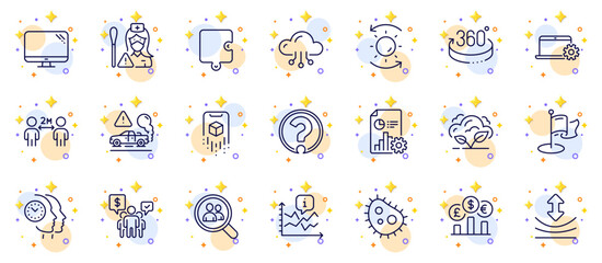 Outline set of Cloud computing, Puzzle and Exhaust line icons for web app. Include Bacteria, Milestone, Report pictogram icons. Nurse, Teamwork, Time management signs. Co2 gas. Vector