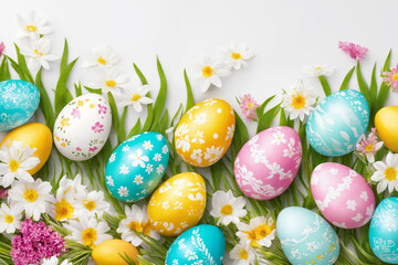 Fototapeta premium Spring Easter holiday. Background with eggs and spring flowers. Greeting card background with copy space. Generative Ai