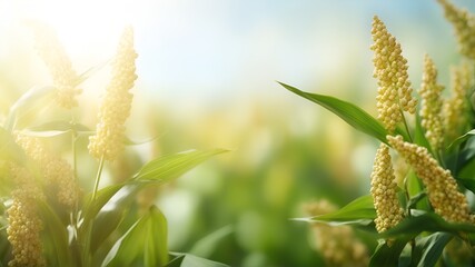 frame of fresh sorghum leaves isolated on blurred abstract sunny background banner, nature scene with asian spirit and copy space