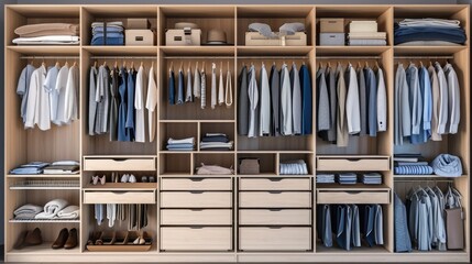 Wardrobe closet with different stylish clothes, shoes and home stuff in room. Comfort zone. Outfit lifestyle.