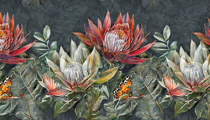 Obraz premium Vintage dark tropical background with protea, hibiscus flowers, leaves, hummingbirds, butterflies. Seamless border. premium wallpaper. Hand drawn, 3d illustration. Luxury mural for paper, packaging