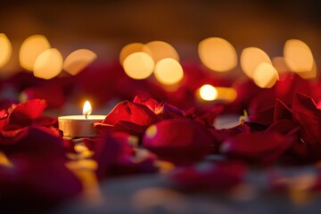 Red Rose petals on a bed with candles in the background - close up - valentines day