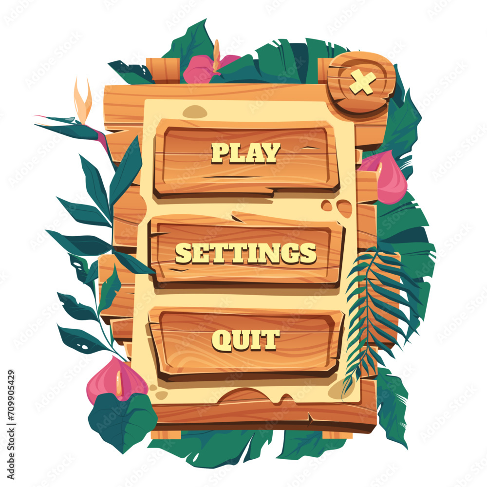 Poster game wooden menu. old wooden frame buttons, cartoon tribal signboard ui elements, rural banner for g