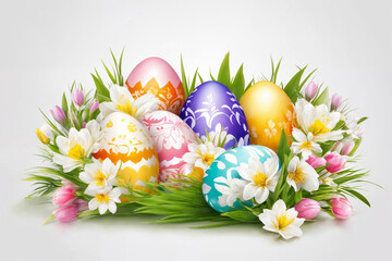 Spring Easter holiday. Background with eggs and spring flowers. Greeting card background with copy space. Generative Ai