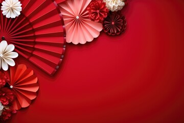 Asia traditional decoration. Chinese New Year celebration background with red paper fans and flowers with copy space, happy Chinese New Year