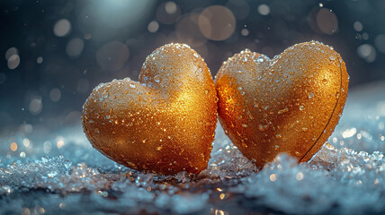 Fototapeta premium Valentines day heart made of golden glitter bokeh dark background shiny bright gold photography