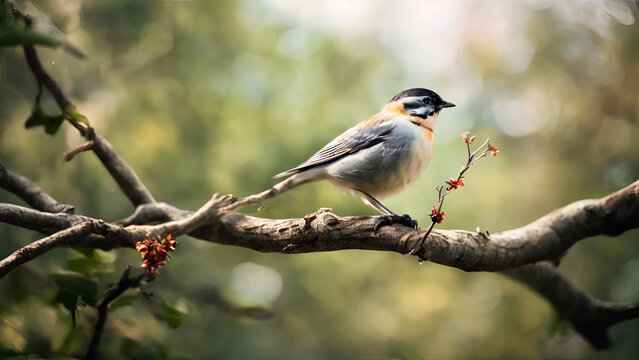  A  bird sits on a branch with a blurred background