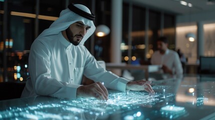 Arabian businessman touching hologram display while checking digital information new project in office.