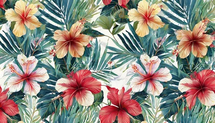 Schilderijen op glas Vintage floral seamless pattern. Tropical wallpaper with hibiscus flowers, palm leaves, butterflies. Luxury botanical background. Hand drawn, 3d illustration. Premium design for wallpaper, fabric © Milla