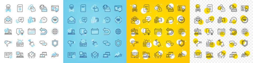 Vector icons set of Undo, Calendar and Hair dryer line icons pack for web with Security, Approve, Chemical hazard outline icon. Timer, Tips, Outsource work pictogram. Online rating. Vector