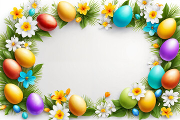 Naklejka na ściany i meble Spring Easter holiday. Background with eggs and spring flowers. Greeting card background with copy space. Generative Ai