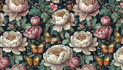 Vintage floral seamless wallpaper with skulls, peonies, butterflies. Dark botanical background....