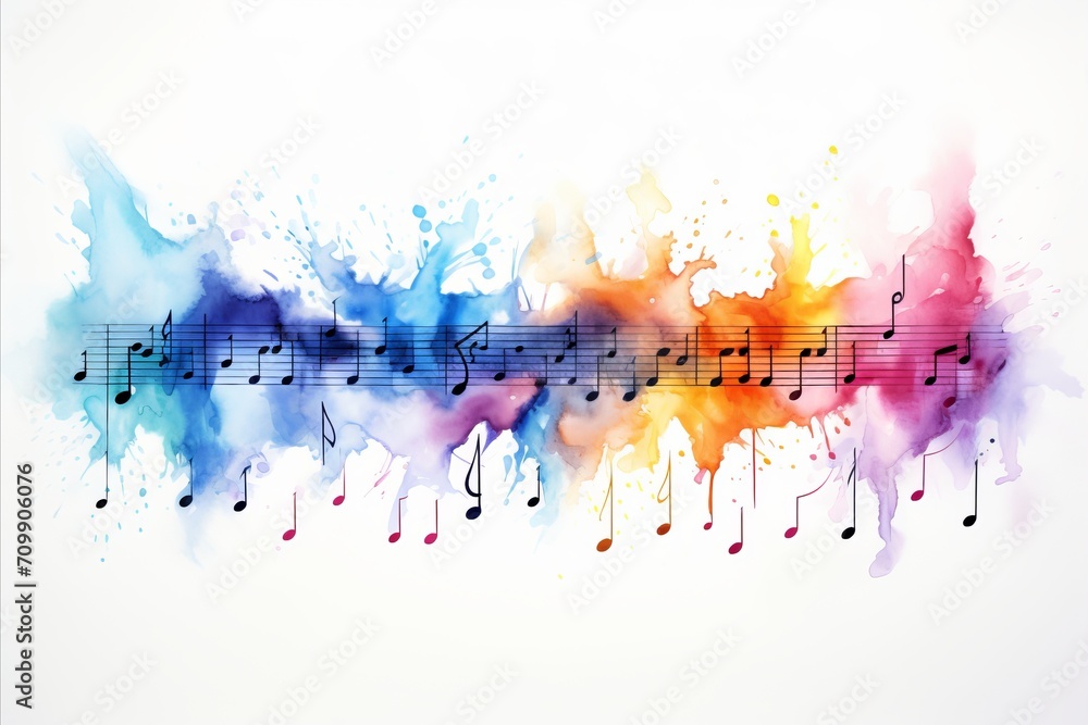 Poster colorful abstract music background with neural network generated flying notes on white