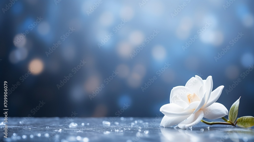 Poster white gardenia flower on isolated bokeh background with copy space for text placement