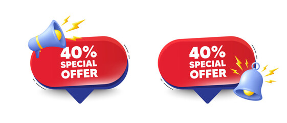 40 percent discount offer tag. Speech bubbles with 3d bell, megaphone. Sale price promo sign. Special offer symbol. Discount chat speech message. Red offer talk box. Vector