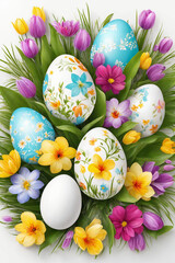 Fototapeta premium Spring Easter holiday. Background with eggs and spring flowers. Greeting card background with copy space. Generative Ai