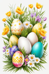 Spring Easter holiday. Background with eggs and spring flowers. Greeting card background with copy space. Generative Ai