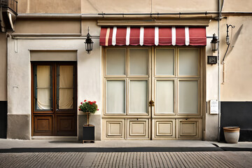 small vintage europaen shop facade  with striped awning , storefront template - obrazy, fototapety, plakaty