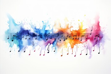 Colorful abstract music background with neural network generated flying notes on white