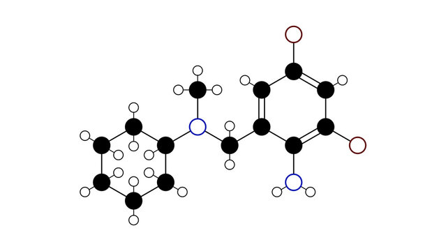 bromhexine molecule, structural chemical formula, ball-and-stick model, isolated image mucolytic