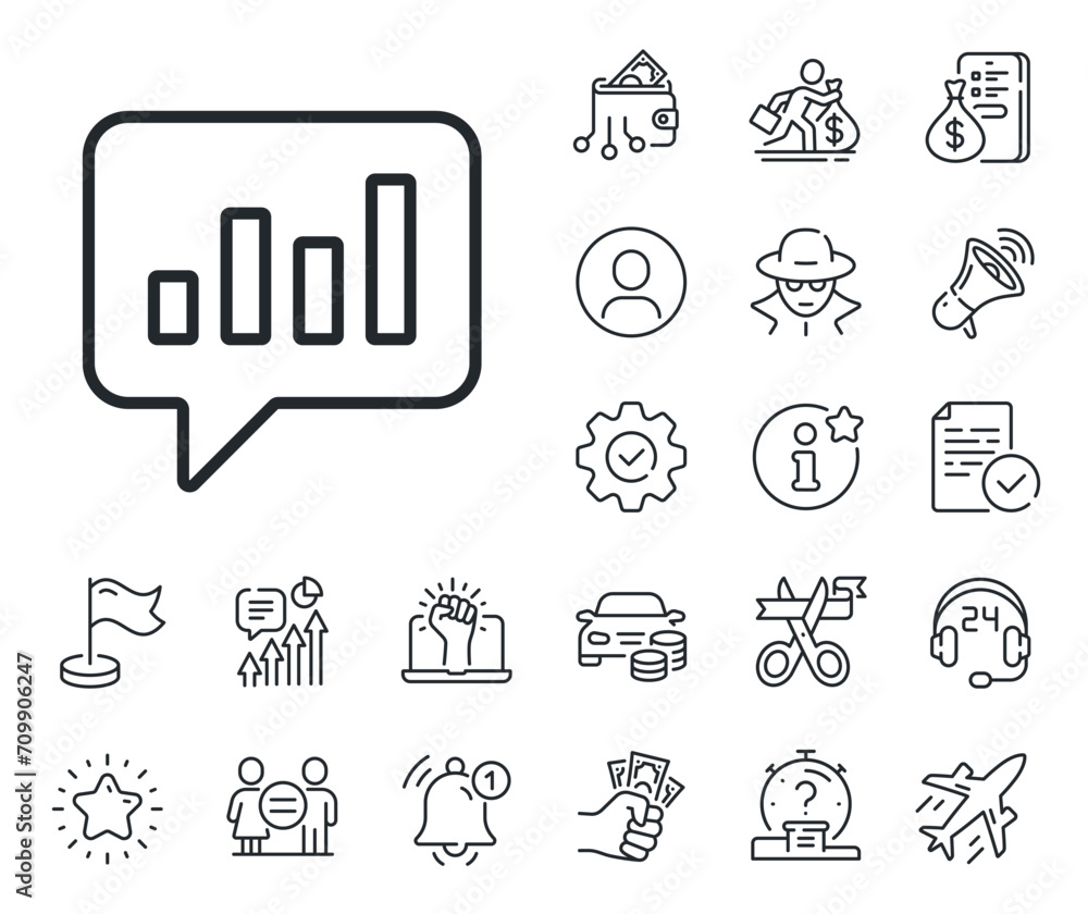 Poster report graph or sales growth sign in speech bubble. salaryman, gender equality and alert bell outlin