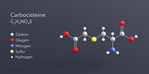 carbocisteine molecule 3d rendering, flat molecular structure with chemical formula and atoms color coding