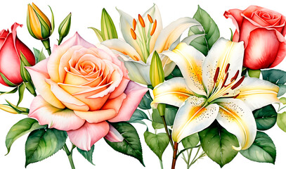 Watercolor painting, card with flowers, roses and lilies. on transparent background Digital illustration created with Generative AI